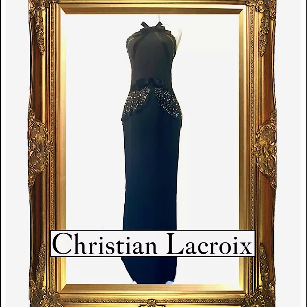 CHRISTIAN LACROIX Black Maxi Dress rhinestone and lace accents and velvet bows